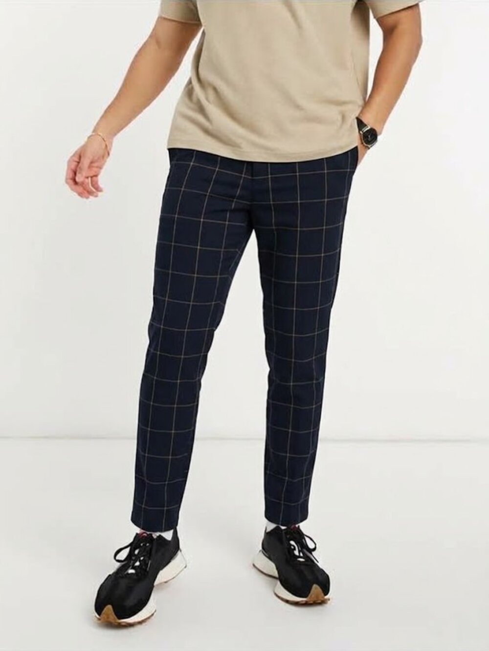 Bershka Men’s Slim Cropped Plaid Pants Size 30 Navy Blue